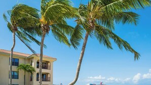 Een strandhotel met palmbomen, een zwembad en uitzicht op de oceaan en een cruiseschip.