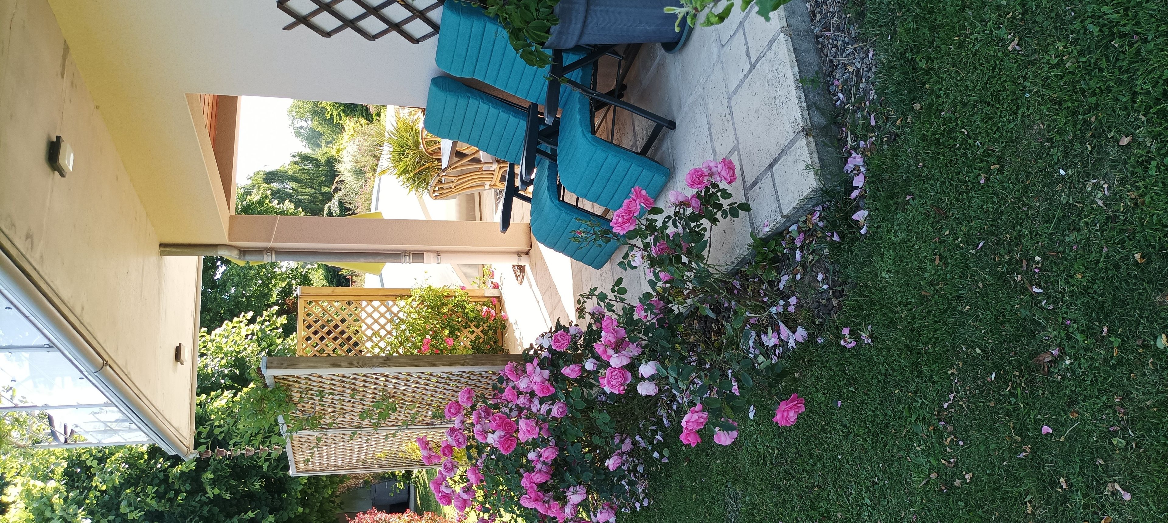Un espace patio aménagé avec une table et des chaises, une pergola en bois et un jardin agrémenté de fleurs roses.