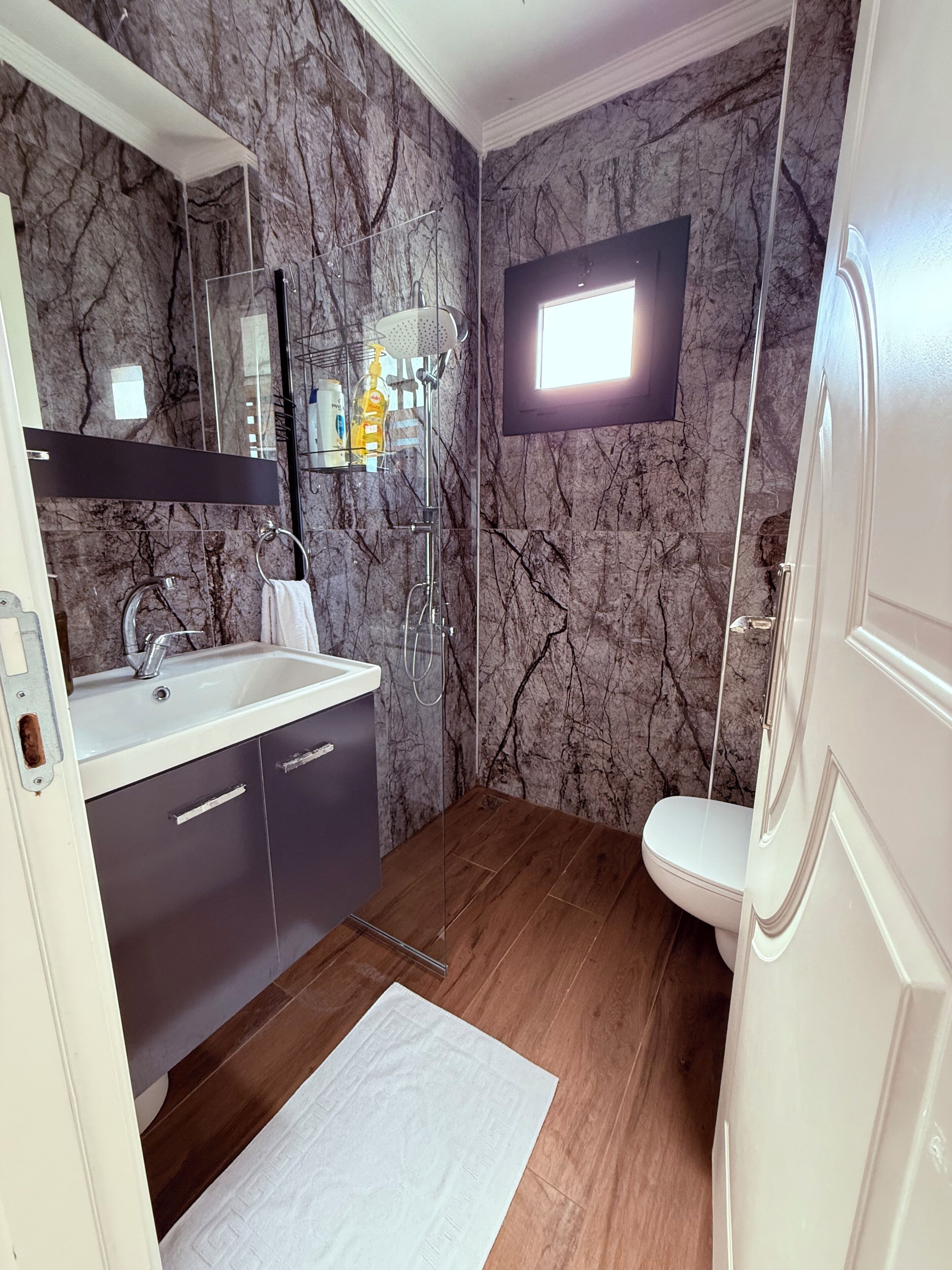 Shower, hair dryer, bidet, towels