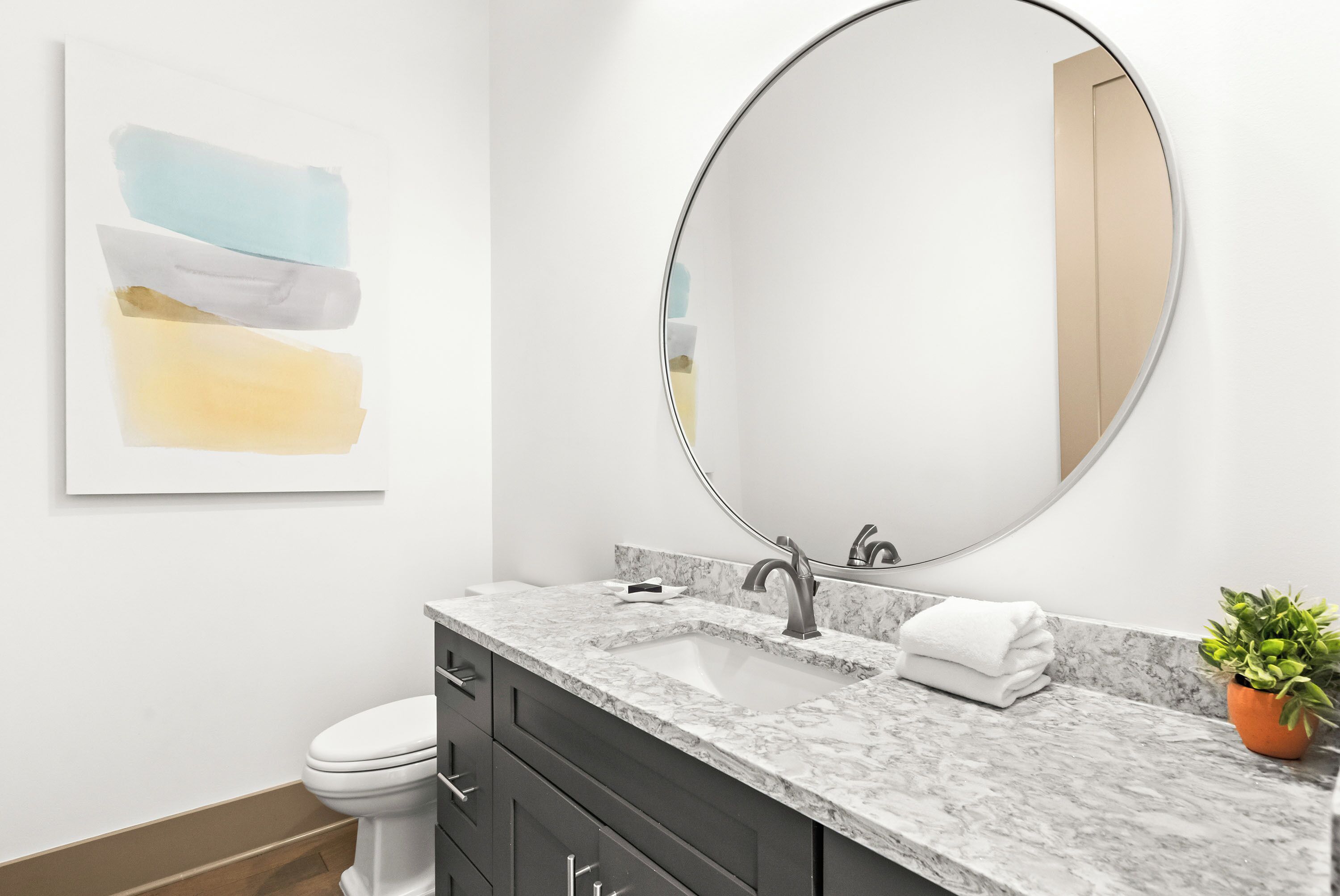 Un bagno moderno con un piano d'appoggio in marmo, un lavabo, un water, uno specchio grande e una pianta in vaso.