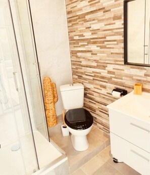 Sèche-cheveux, serviettes fournies, savon, papier toilette
