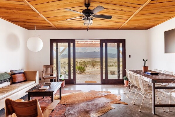 TV, fireplace, books, stereo