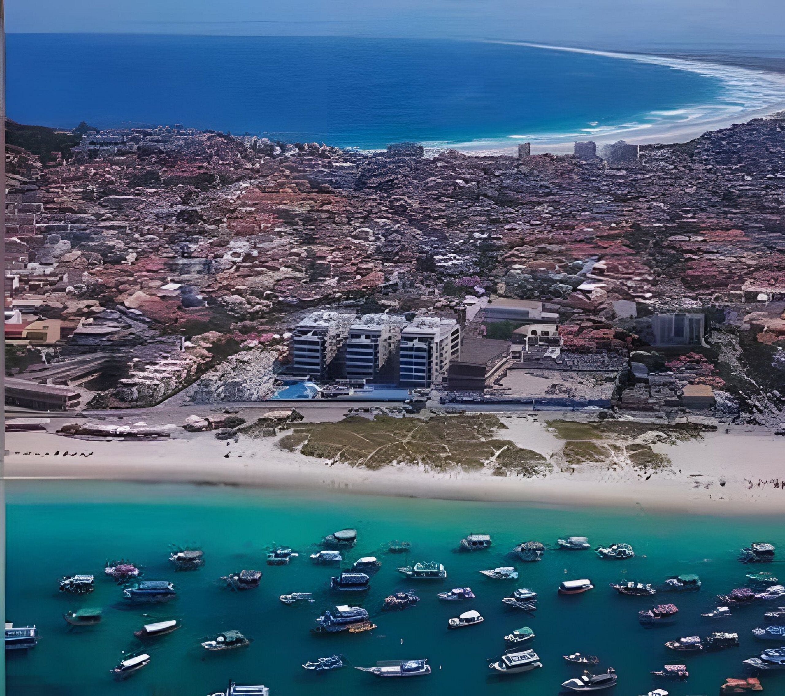 Vista aerea di una città costiera con spiaggia, imbarcazioni ed edifici.