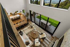 Smart TV, fireplace, books, stereo