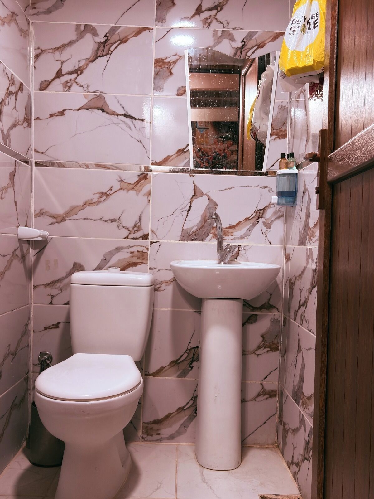 Ein Badezimmer mit Marmorfliesen, einer Toilette, einem Waschbecken auf Säule und einer Duschkabine.
