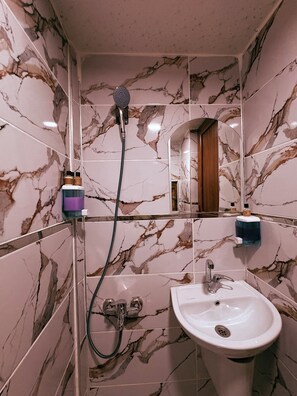 Habitación estándar | Baño | Ducha, secador de pelo, toallas y jabón