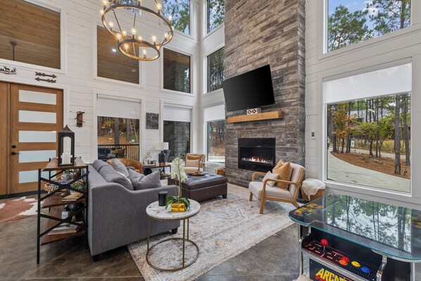 Smart TV, fireplace, video games, books