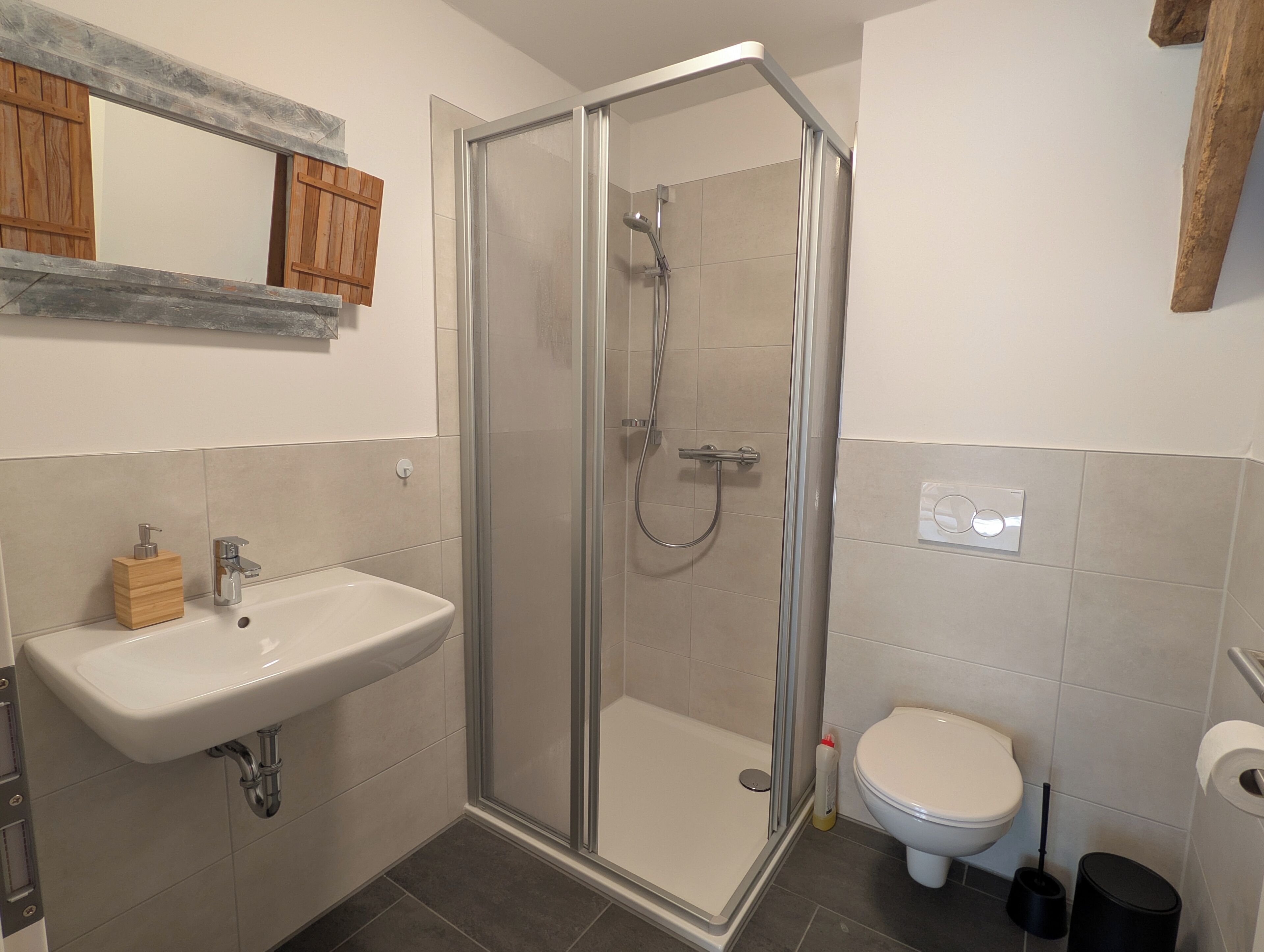 Ein Badezimmer mit Duschkabine, Waschbecken mit Seifenspender und Toilette.