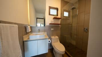 Hair dryer, towels, soap, shampoo