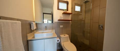 Hair dryer, towels, soap, shampoo