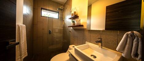 Sèche-cheveux, serviettes fournies, savon, papier toilette