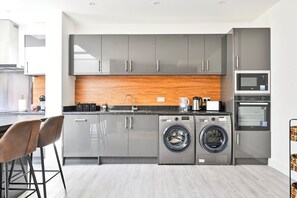 Fridge, microwave, oven, dishwasher