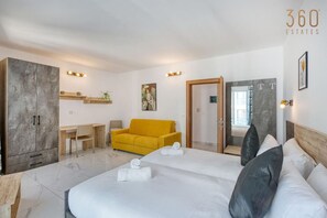 1 bedroom, desk, iron/ironing board, travel cot