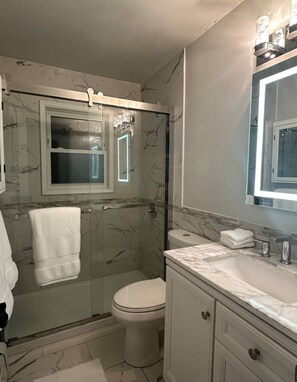 Shower, hair dryer, towels, soap