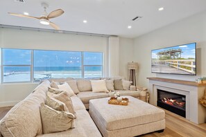 Smart TV, fireplace, books