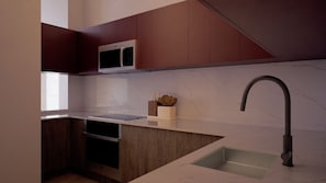 Refrigerador con congelador, microondas, horno y parrilla de estufa