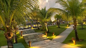 A pathway lined with palm trees and illuminated by ground lights, leading to a building with outdoor seating.