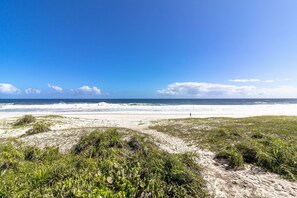 A beach with sand dunes and sparse vegetation.