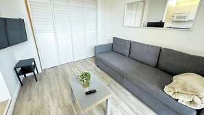 Een woonkamer met een grijze bank, een kleine tafel met een afstandsbediening en een plant, een televisie aan de muur en een kast met witte luiken.