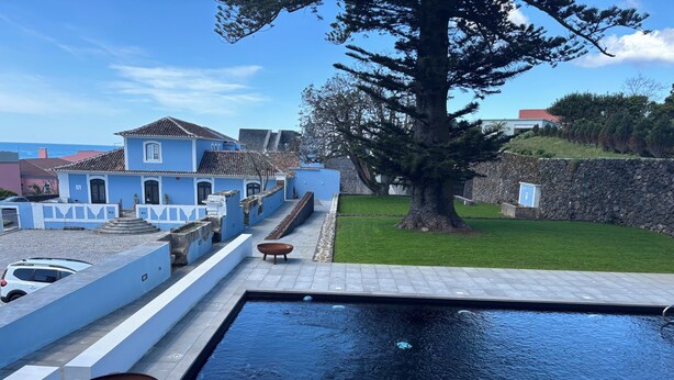 Una piscina con borde de piedra, un árbol grande y un edificio con paredes azules y tejado de tejas.