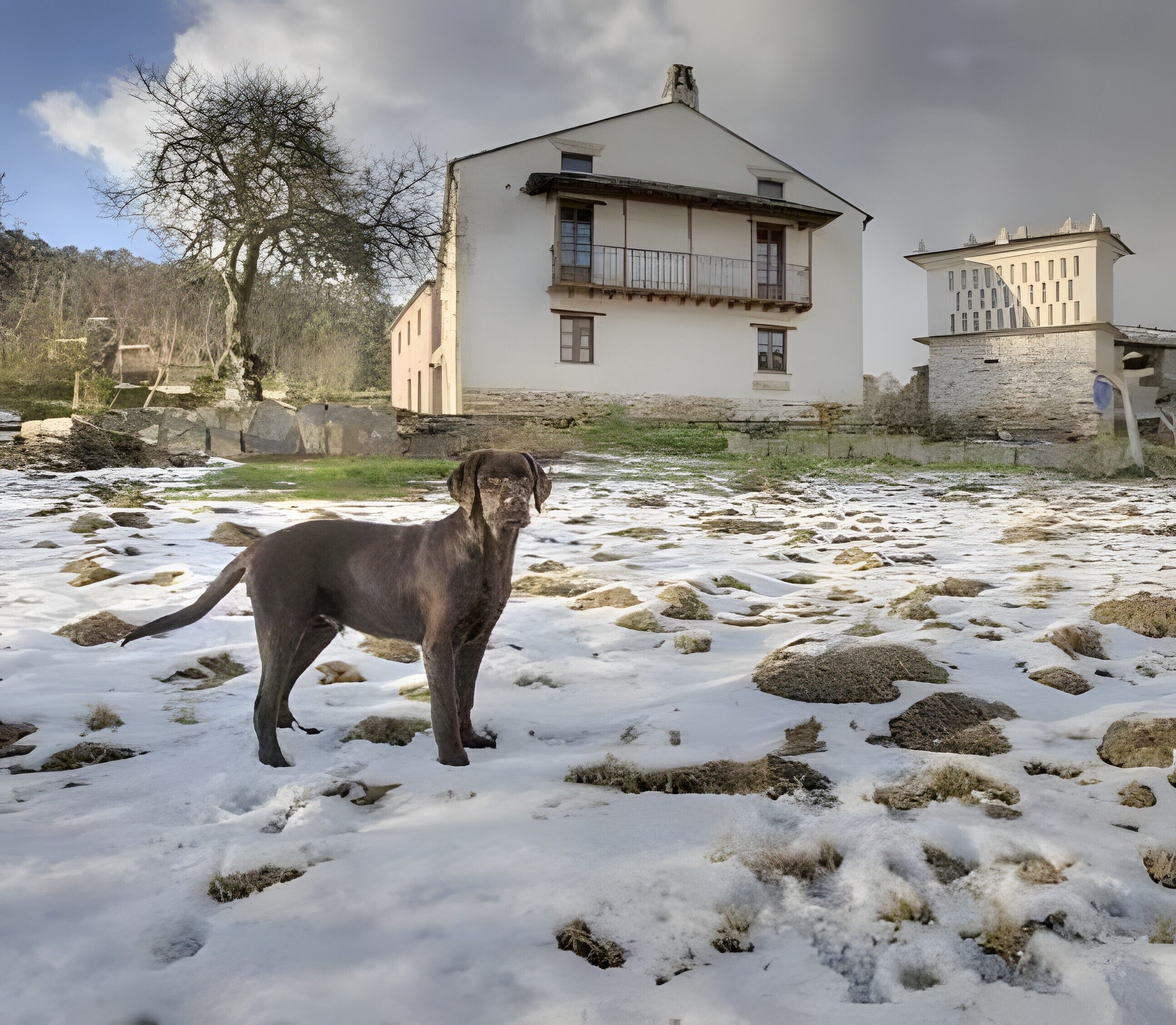 A dog standing on snow-covered ground with a building in the background.