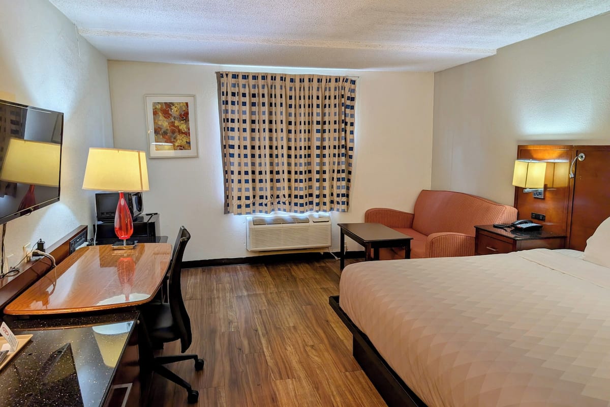 A hotel room with a bed, a desk with a chair, a sofa, a TV, a lamp, and a window with curtains.