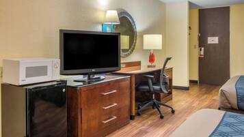 Laptop workspace, blackout curtains, soundproofing, iron/ironing board