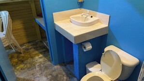 A bathroom with a toilet, sink, and toilet paper.