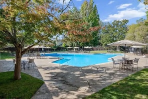 Outdoor pool, pool umbrellas, sun loungers