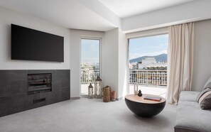 Smart TV, fireplace, books