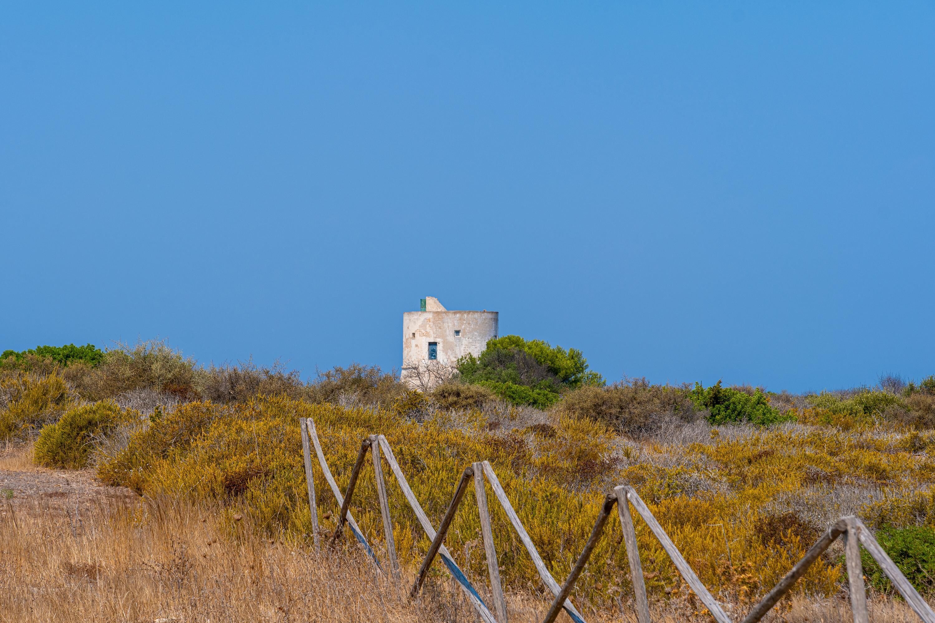 Un'imponente struttura a torre circondata da vegetazione secca e giallastra, sotto un cielo azzurro intenso.