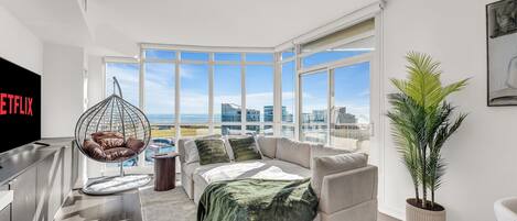 Traditional Apartment | Living area | 45-inch LED TV with cable channels