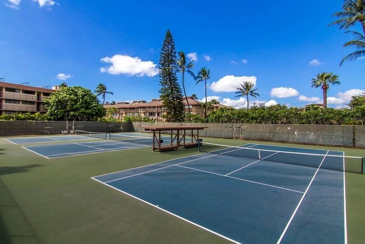 Un court de tennis extérieur doté de plusieurs terrains, d’un banc en bois et de palmiers.