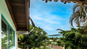 A view from a window overlooking a lush green landscape with a body of water and a distant mountain.