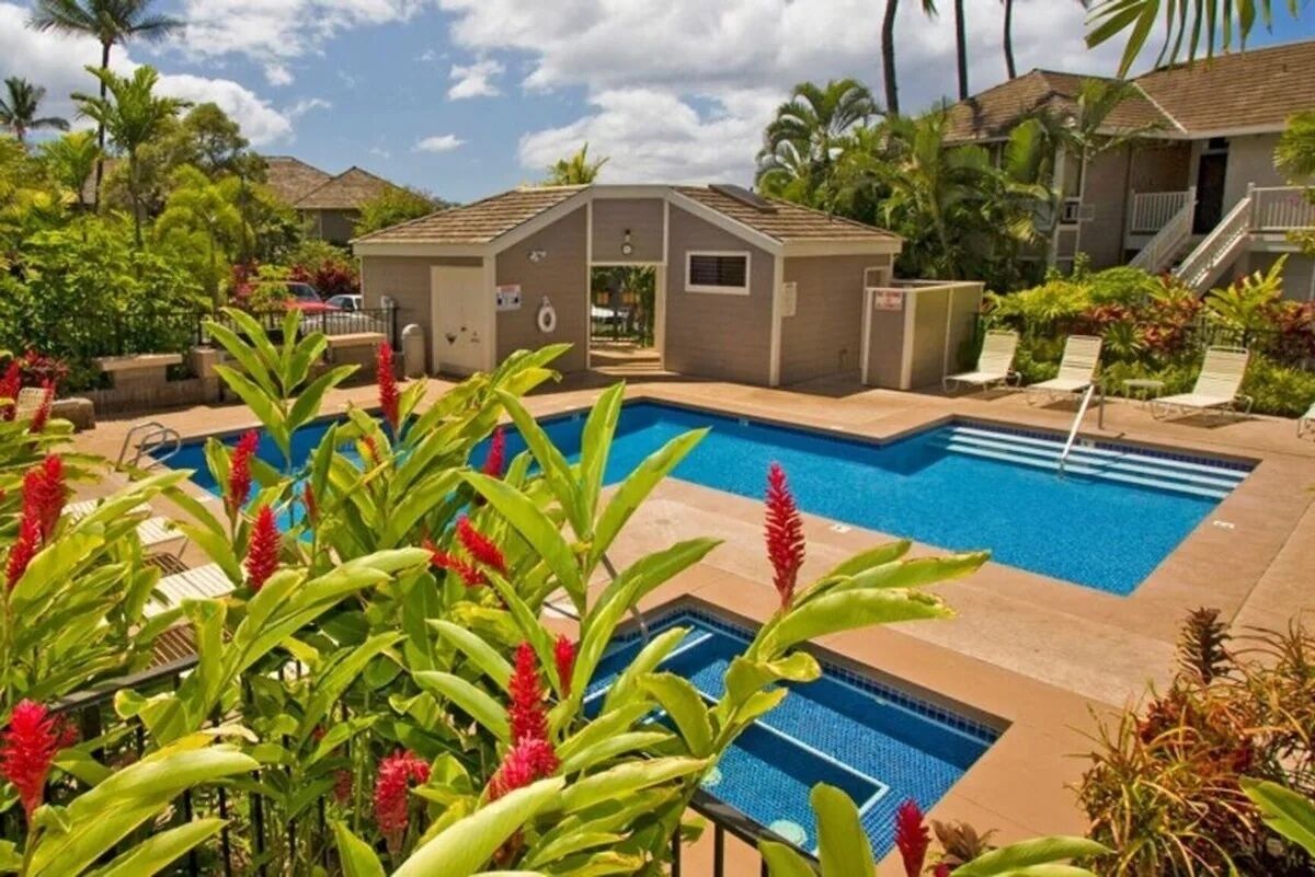 A swimming pool area with a small building, surrounded by lush greenery and palm trees.