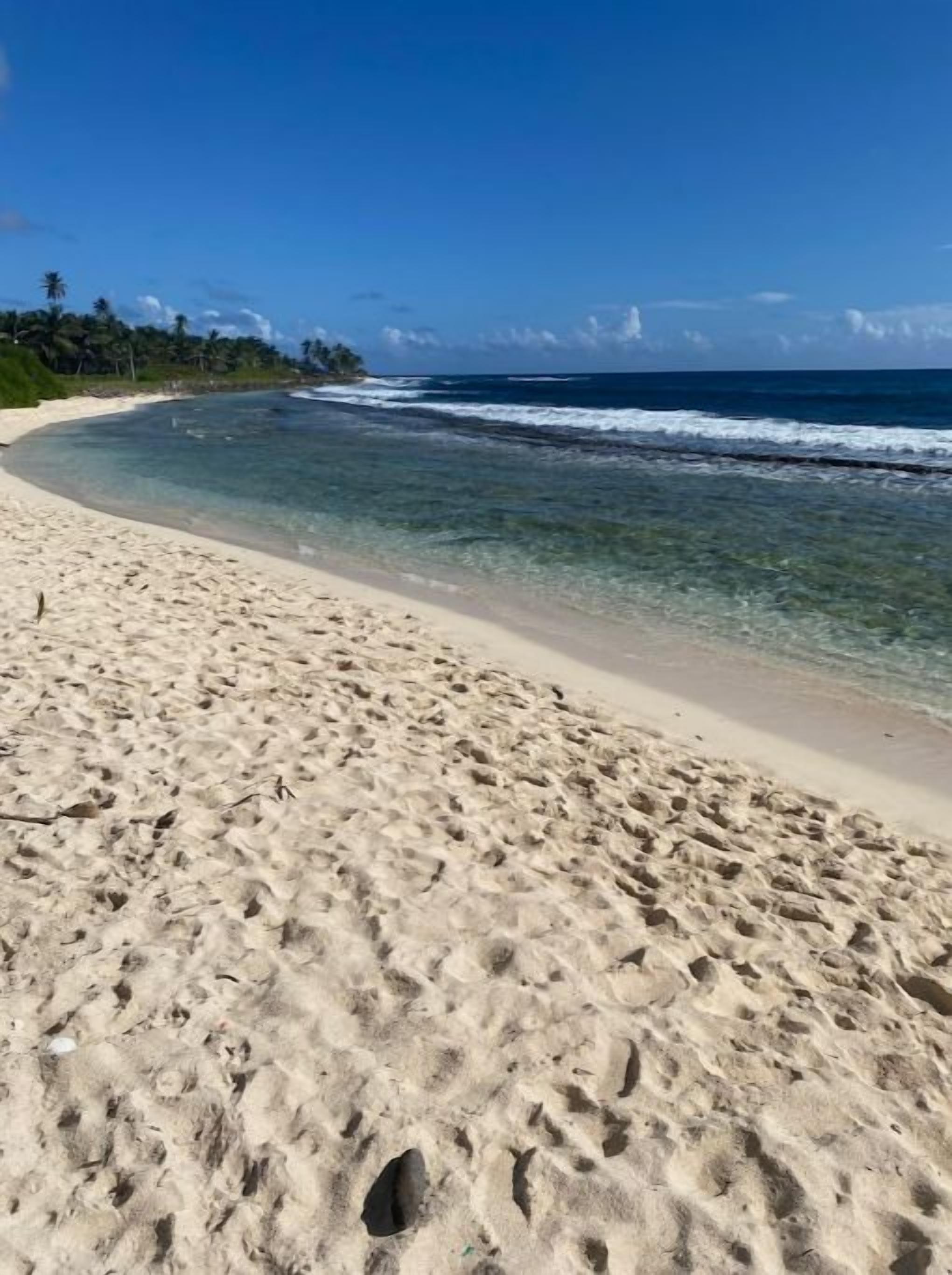 A sandy beach with clear water and a clear sky.