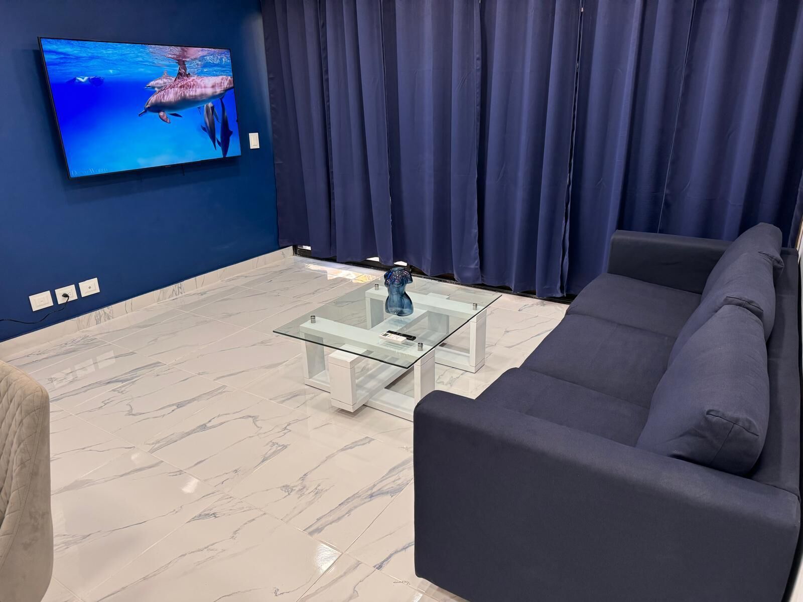 A modern living room with a dark blue sofa, a glass coffee table, and a TV displaying dolphins swimming.
