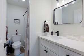 Une salle de bain équipée de toilettes, d’un lavabo, d’un miroir et d’un rideau de douche.