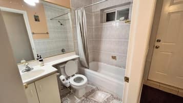 Bidet, towels, soap, shampoo