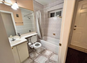 Bidet, towels, soap, toilet paper