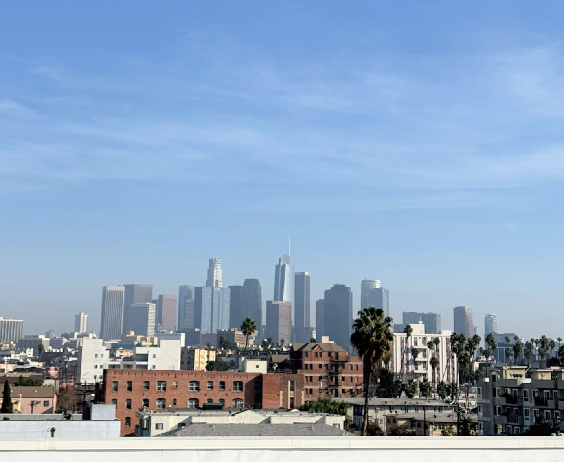 Une vue sur les toits d’une ville, avec des immeubles modernes de grande hauteur et un mélange de bâtiments plus anciens, de taille plus modeste.
