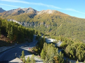 A mountainous landscape with a winding road, dense forest, and a clear sky.