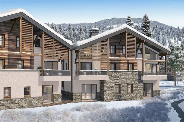 A modern log cabin with a stone foundation, multiple balconies, and large windows.