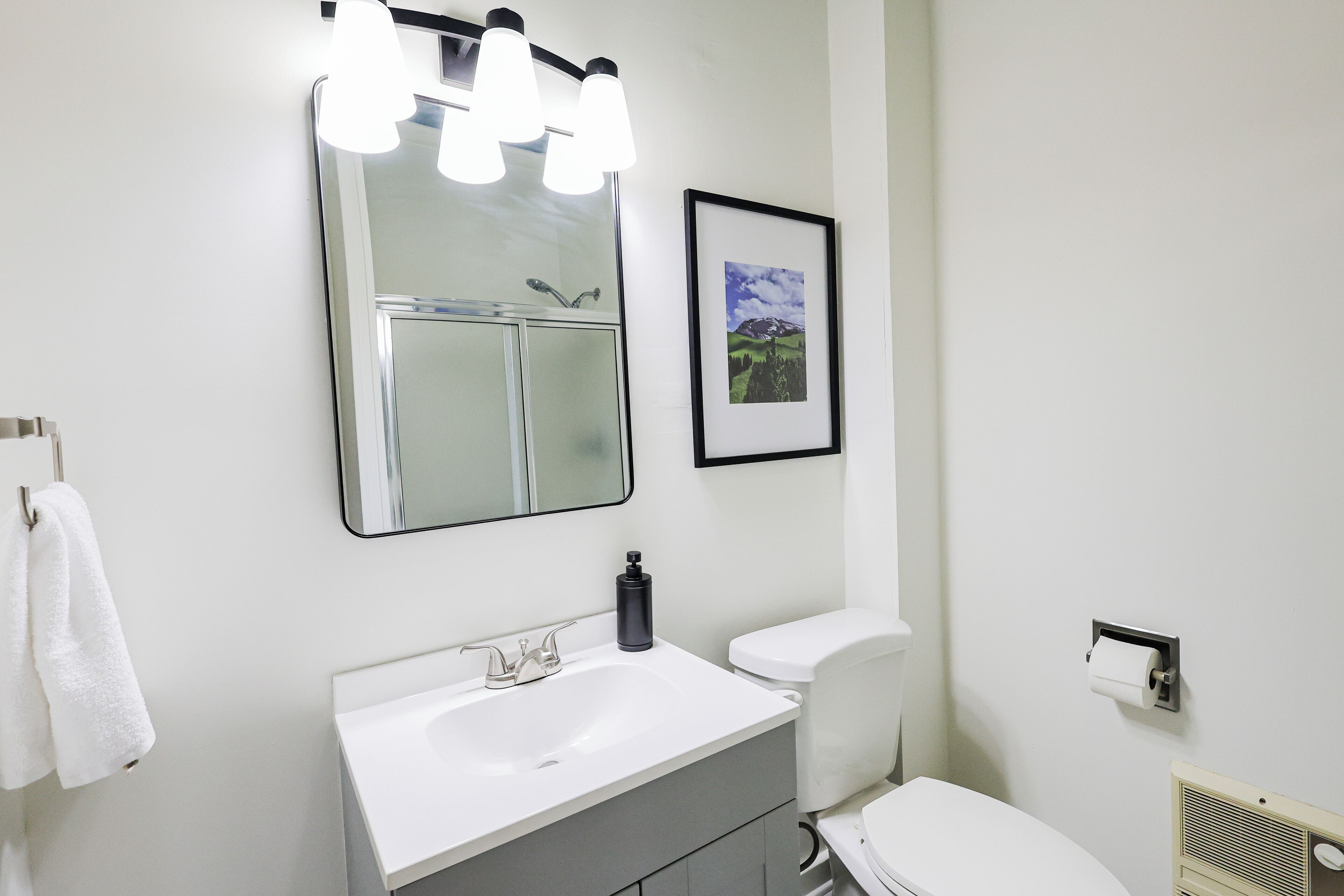A bathroom with a white sink, a mirror, a framed picture, a toilet, and a towel rack.