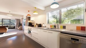 Fridge, microwave, dishwasher, coffee/tea maker