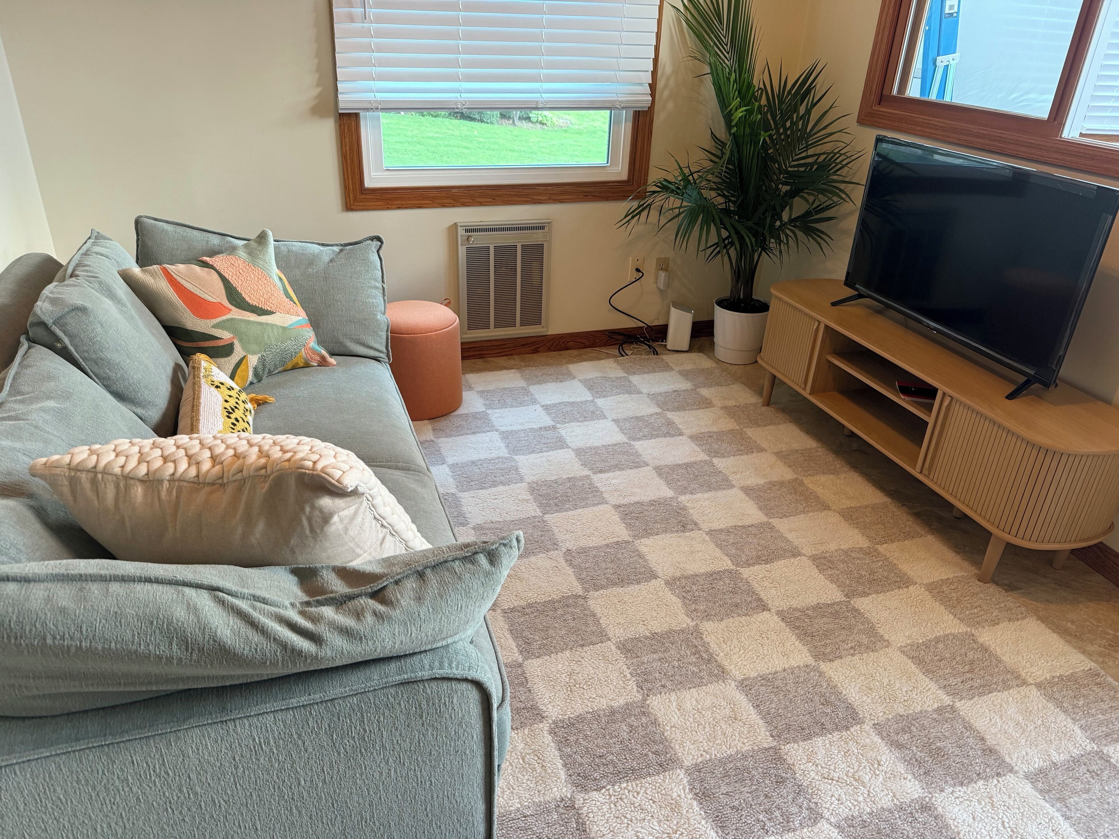 A living room with a checkered carpet, a grey sofa with multiple cushions, a television on a wooden stand, and a potted plant.