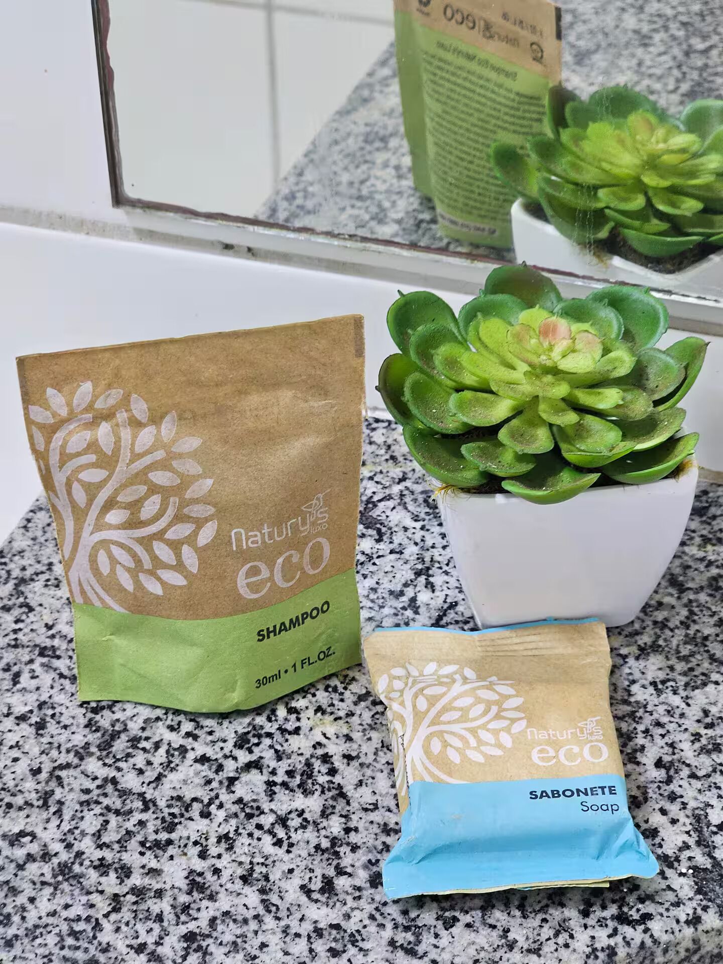 A bathroom with a granite countertop, a potted succulent plant, and two paper bags labeled 'naturylux eco SHAMPOO' and 'naturylux eco SABONETE Soap'.