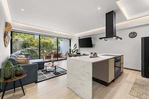 Deluxe Apartment | Private kitchen | Full-size fridge, microwave, oven, stovetop