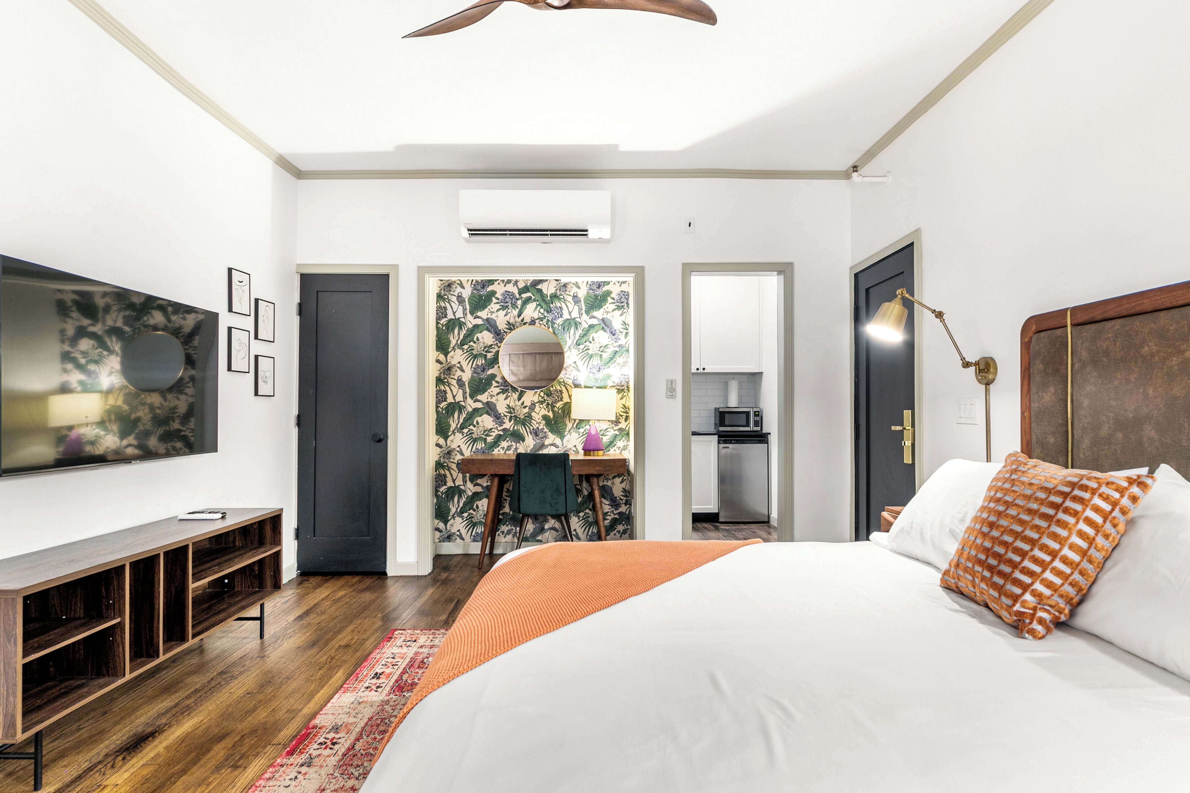 Individually furnished, desk, laptop workspace, iron/ironing board