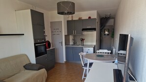 A compact living space with a kitchenette, a dining area, and a sofa.